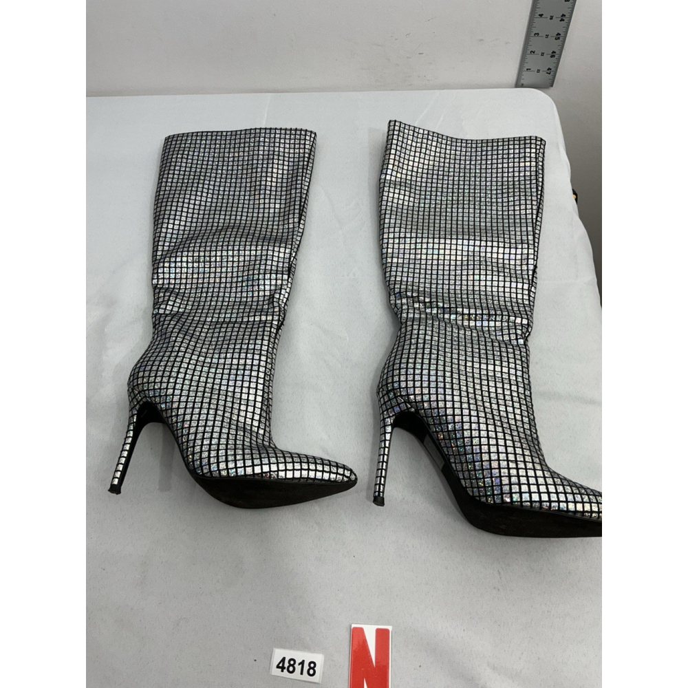 Womans Shela Knee High Stiletto Boots 8 Pull On Silver Black Metallic